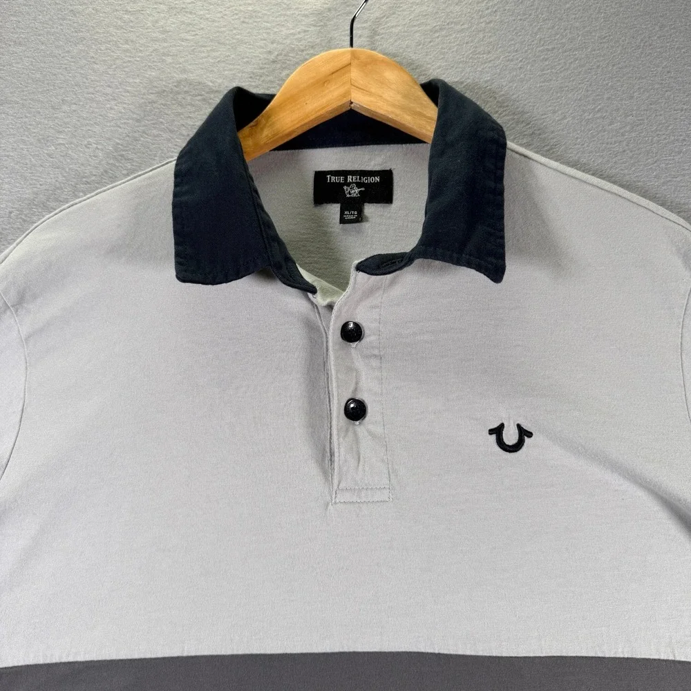 True Religion Colorblock Long‎ Sleeve Rugby Shirt Men's XL Tall Gray White Logo